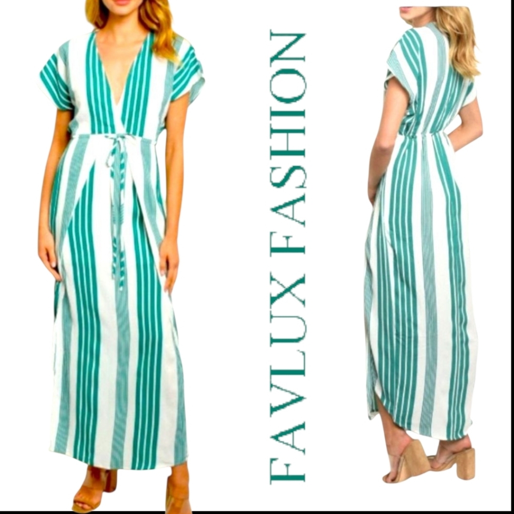 FAVLUX Green/White Striped Crepe-ish Maxi Dress Surplice V-neckline Short Slvs M
